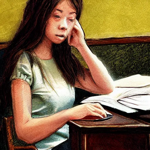 Prompt: hyperrealistic rendition of lo-fi girl sitting at a desk studying