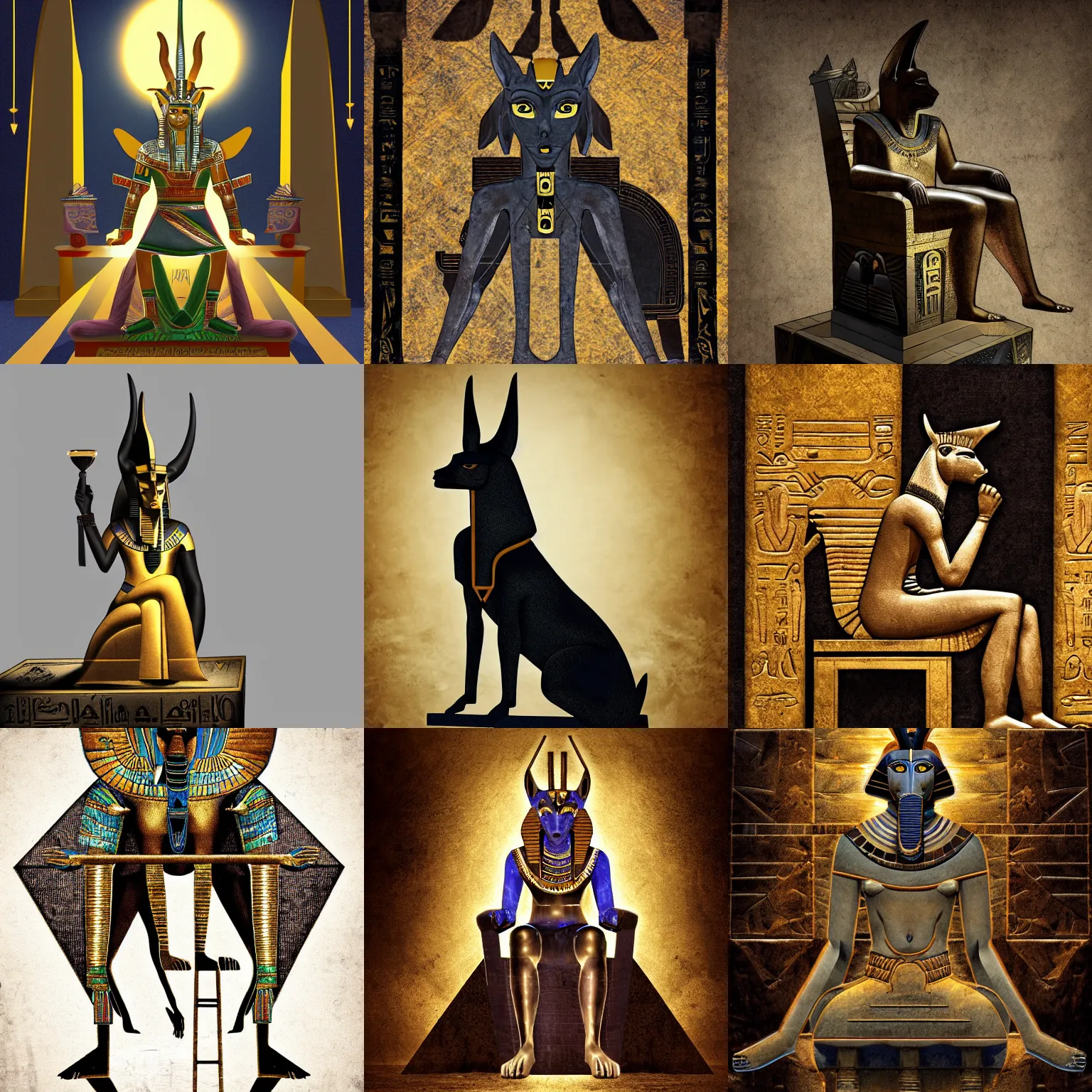 Prompt: egyptian god anubis sitting on a throne, with a black obsidian pyramid behind him, digital art high quality professional 4 k