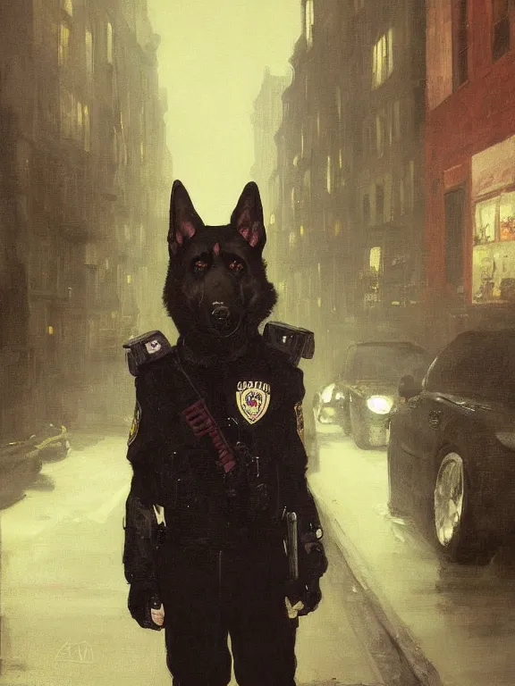 Image similar to new york city portrait of furry anthro anthropomorphic german shepard head animal person fursona wearing clothes nypd traditional police uniform in the alley, dark moody night nighttime, digital art by Nerdrum John, William Waterhouse, Winslow Homer, Alex Heywood, Jordan Grimmer, Darren Quach, Greg Rutkowski, Simon Stalenhag, trending on Artstation, CGSociety