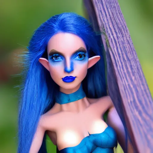 Prompt: blue-skinned elf girl, blue girl, blue skin, blue, glam hair, 80s hair, 80s clothes