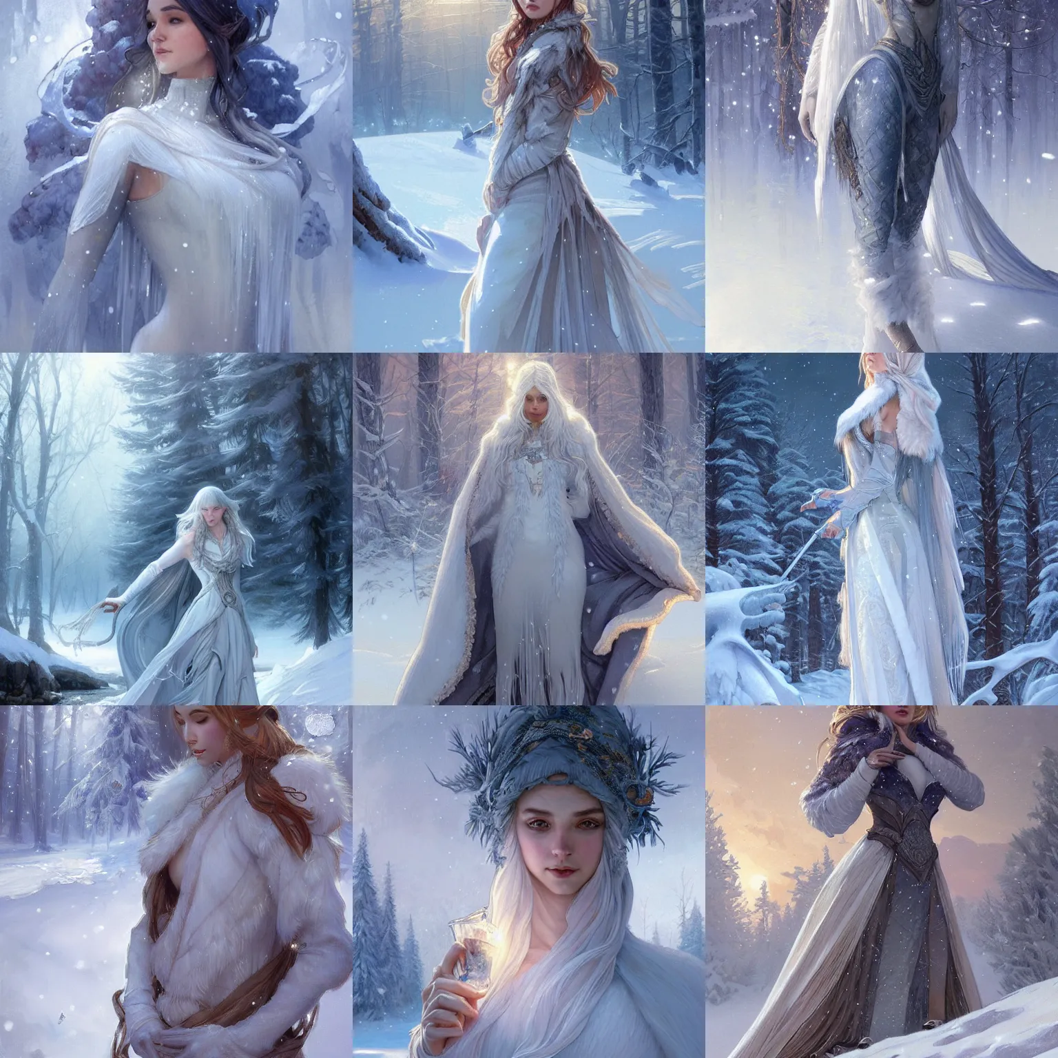 Prompt: painting of a winter landscape, ice queen full body, intricate, fantasy, highly detailed, digital painting, artstation, concept art, sharp focus, illustration, art by artgerm and greg rutkowski and alphonse mucha