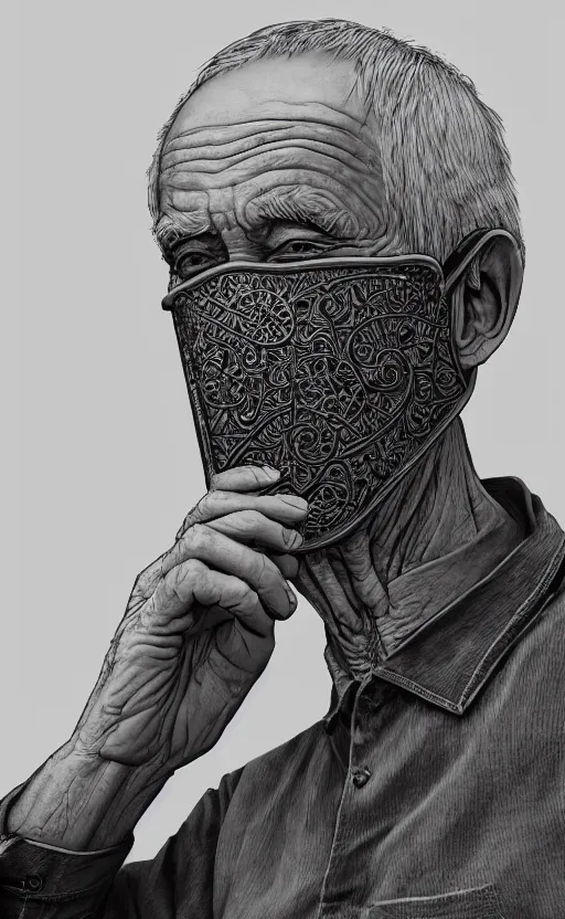 Image similar to old man doing hard work with their mask, do what we can, then leave it to god, non fiction, center of interest, left align, right align, stability, intricate, elegant, 8 k uhd, highly details object, justify content center, artstation, concept art, matte, sharp focus, illustration, art by paul lung