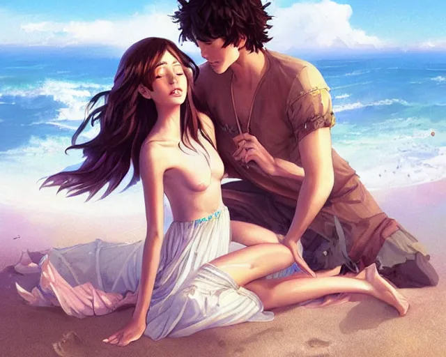 Image similar to a cinematic boy girl traditional romance moment, exploring the beach boho clothing, full body illustration,bestselling movie art poster, official media, 1970s fashion, official anime media, incredible art by artgerm and greg rutkowski and doja cat