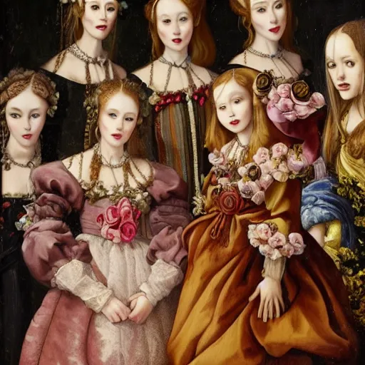 Prompt: renaissance, baroque oil painting of a group of creepy young ladies wearing renaissance long harajuku manga dress with flowers and skulls, background chaotic flowers