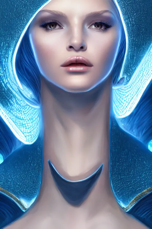 Image similar to detailed portrait glam cyber noun, attractive feminine curves, intricate, scifi, futuristic, elegant cape, elegant, alien room background, white, blue, gold, photorealism, trending on artstation, holy halo, advanced technology, art by moebius and vitaly bulgarov and chanthara