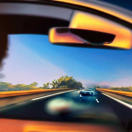 Image similar to convertible with cat driver on road driving towards camera, motion blur, clear sky, golden hour, unobstructed road, artstation