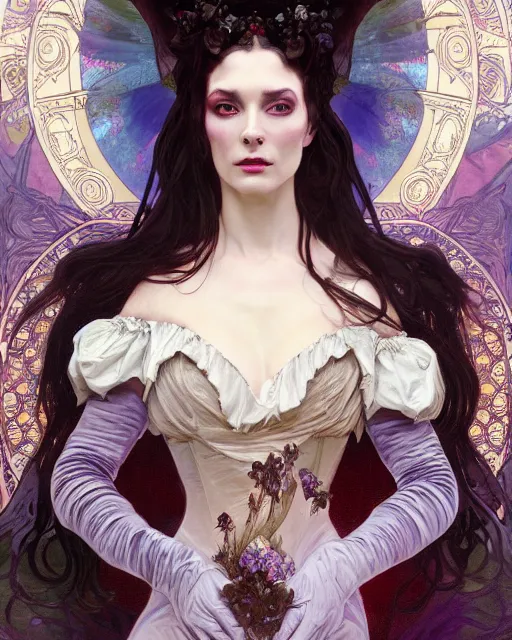 Image similar to wlop and alfons mucha detailed portrait digital rococo painting of a beautiful serious villainess wearing fantasy clothing like liliana vess, villainess has black angel wings, evil mood, hellish battlefield in the background, unreal engine, embers flying, hyper realism, realistic shading, cinematic composition, blender render, octane render, ultrawide shot
