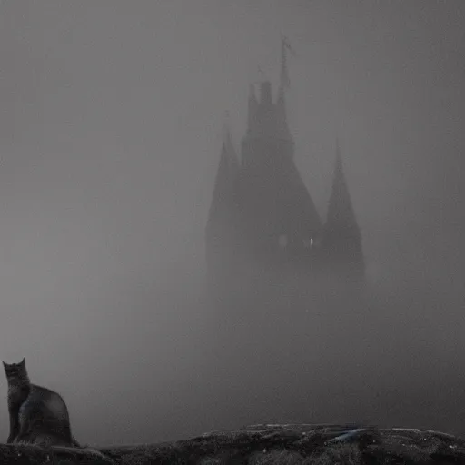 Image similar to a dark vallcy with a huge gloomy castle, fog. a little boy and a black cat