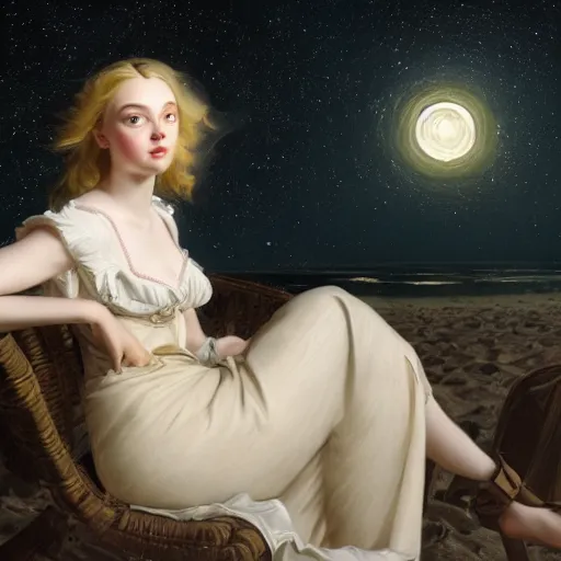 Image similar to leyendecker and peter paul rubens, head and shoulders portrait of a elle fanning, nighttime, on the beach, starry sky, unreal engine, fantasy art by global illumination, radiant light, detailed and intricate environment