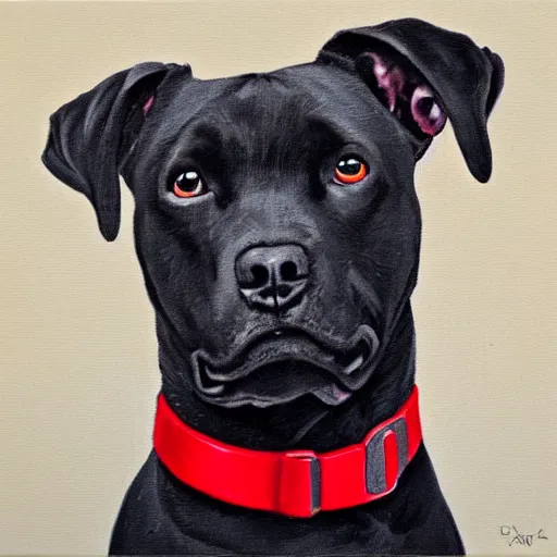 Prompt: painting of a black pitbull lab wearing thin red dog - collar