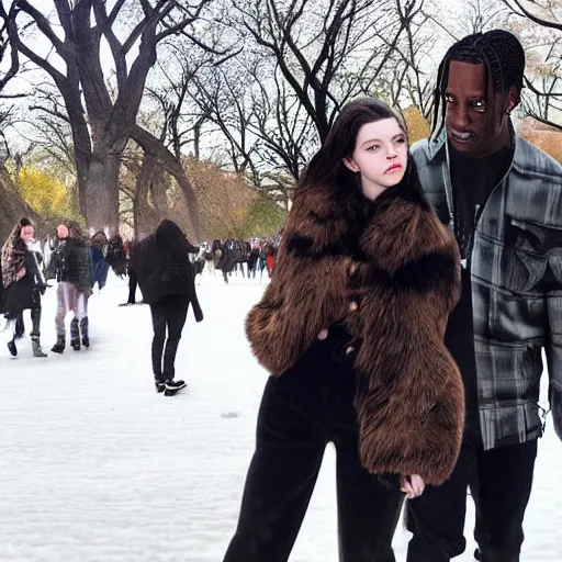 Prompt: travis scott dating anya taylor joy in central park at winter, photorealistic, dynamic light, ultra detailed, paparazzi photo