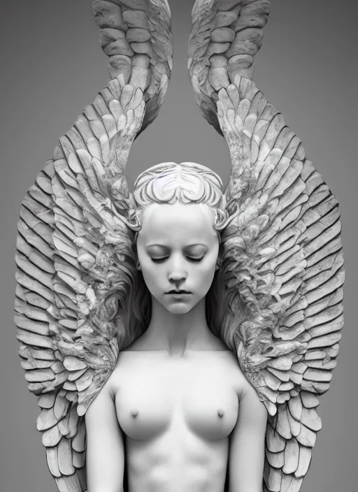 Image similar to a statue made of white marble with gold veins, of an beautiful gorgeous angel girl, full body shot, perfect symmetrical body, perfect symmetrical face, no eyes, hyper realistic, hyper detailed, fujicolor superia 1 6 0 0 photo, by johannen voss, by peter kemp, by monia merlo, by michelangelo octane render, blender, 8 k