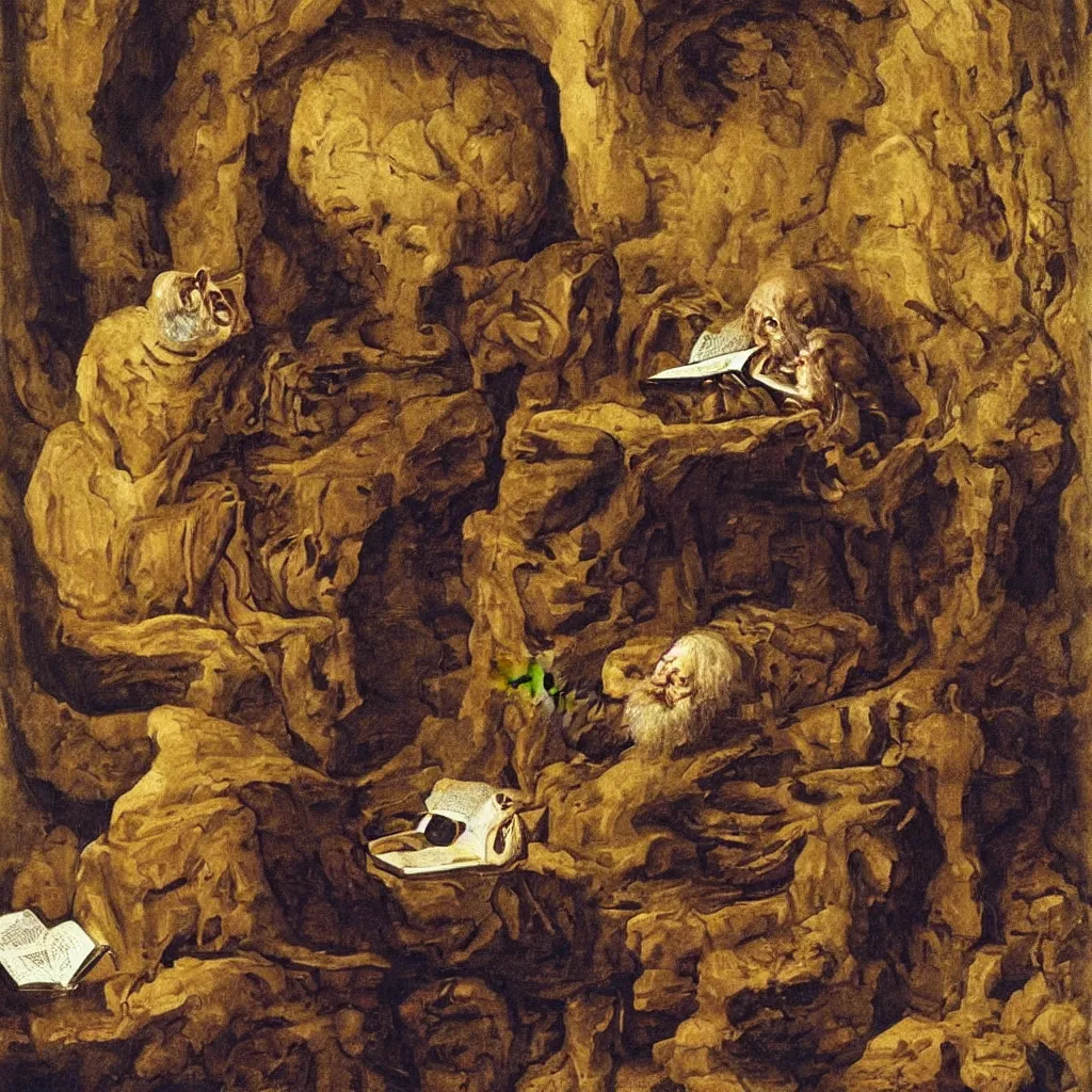 Prompt: Saint Jerome as an hermit, inside a cave, reading a book next to a lion, there is a skull over a table, painting by Van Eyck