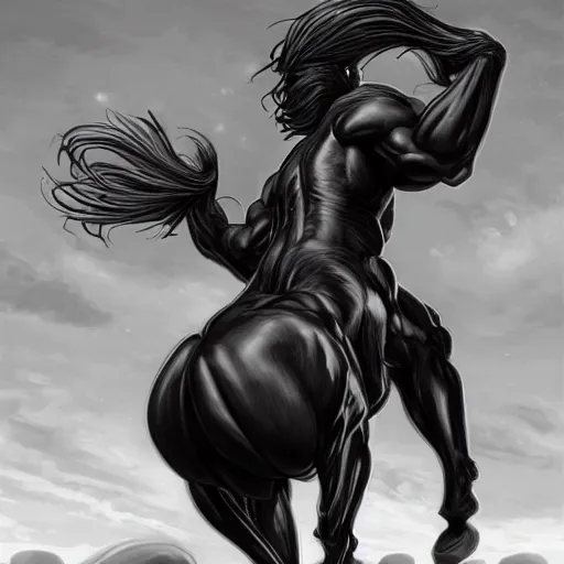 Image similar to an exaggeratedly muscular anthropomorphized black - coated horse with a magnificently muscular physique wearing tight kevlar outfit standing in a facility, long white mane, proportionally enormous arms, equine, anthro art, furaffinity, highly detailed, digital painting, artstation, concept art, illustration, art by artgerm, greg rutkowski, wlop