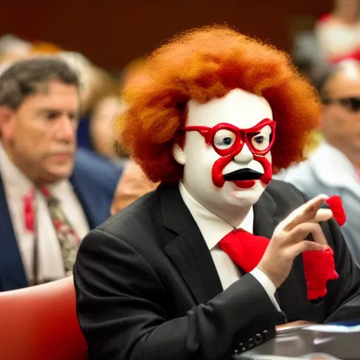 Prompt: Ronald McDonald on trial in congressional hearing