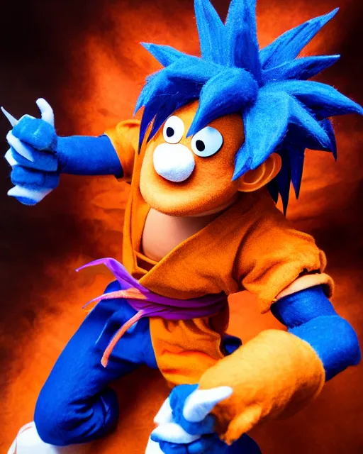 Image similar to goku as a muppet. highly detailed felt. hyper real photo. 4 k.