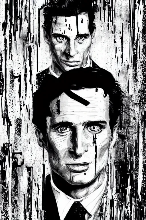 Image similar to black and white illustration of Patrick Bateman in a rainy street, neo noir style, Frank Miller creative design, body horror, high detail