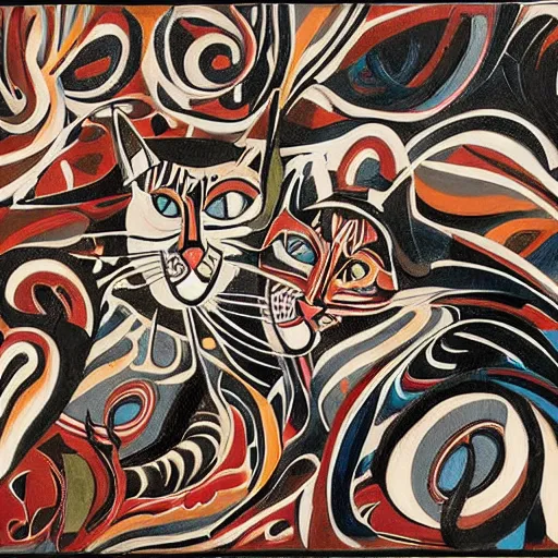 Image similar to A highly stylized conceptual art 4k shaded, finely detailed, matte painting with intricate textures and patterns of two abstract expressionist cats , their bodies intertwined together in the style of Lee Krasner