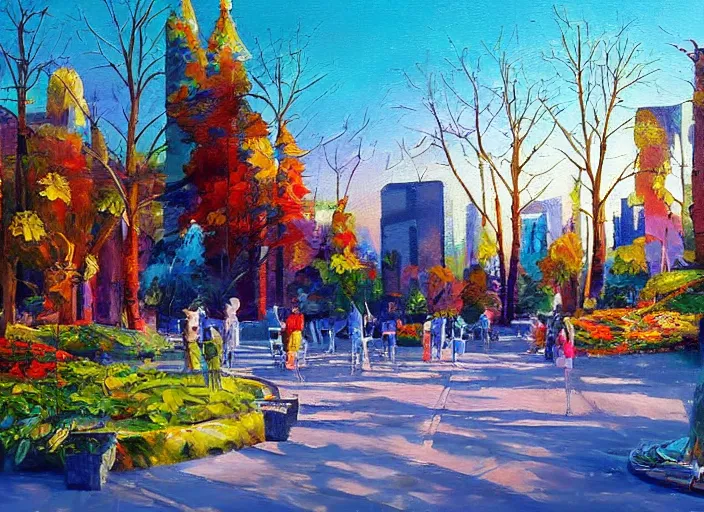 Prompt: bright beautiful oil painting of a futuristic city park by Tatyana Yablonskaya