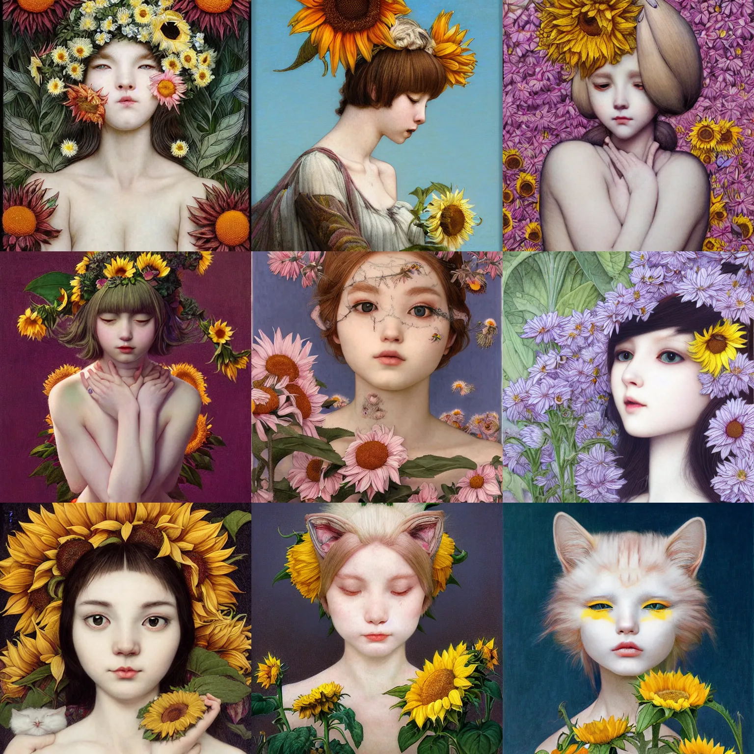 Image similar to white cat girl, botanical, sunflower, portrait face, colorful, frantisek kupka, intricate, miles johnston, kuroda seiki, cynical realism, ozabu, john william godward, painterly, yoshitaka amano, moebius, miles johnston, louise zhang, james jean, mark ryden lowbrow pop surrealism art style