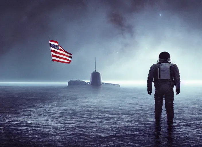 Image similar to astronaut holding a flag in an underwater desert. a submarine is visible in the distance. dark, concept art, cinematic, dramatic, atmospheric, 8 k, trending on artstation, blue, fish, low visibility, fog, ocean floor, christopher nolan, interstellar