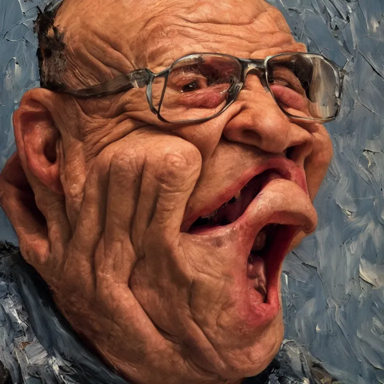 Prompt: warmly lit close up studio portrait of aging angry!! screaming! old George Costanza age 115 wrinkled furious!, impasto oil painting thick brushstrokes by Lucian Freud and Cy Twombly and Tim Hawkinson , trending on artstation dramatic lighting Expressionism