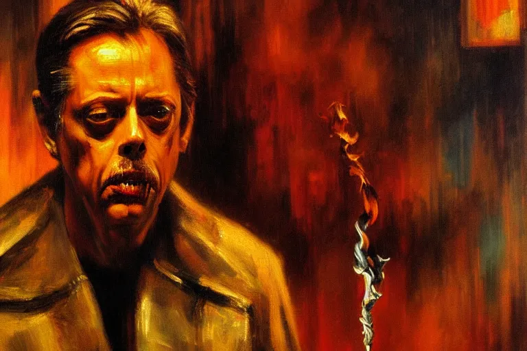 Prompt: expressive detailed impressionistic oil painting of film still of steve buscemi smoking a cigarette in blade runner, 4 k