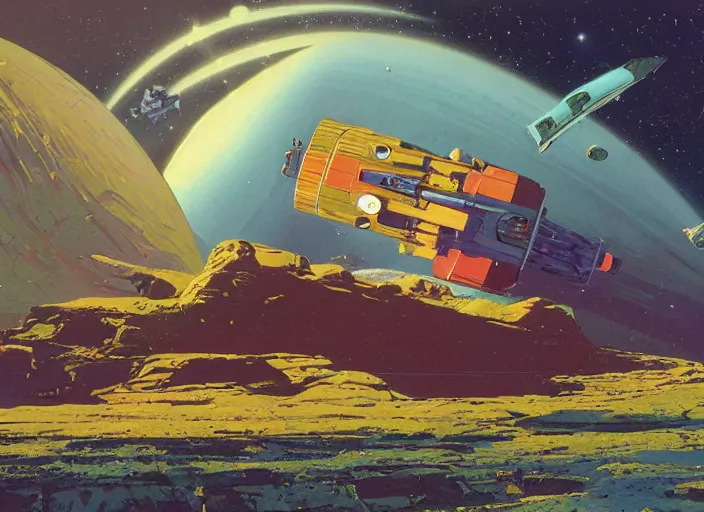 Prompt: a brightly - coloured spacecraft in a stunning landscape by martin deschambault, dean ellis, peter elson, josan gonzalez, david a hardy, john harris, wadim kashin, angus mckie, moebius, bruce pennington, vintage sci - fi art