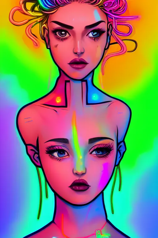 Image similar to a award winning portrait of a beautiful woman with stunning eyes in a one off shoulder croptop and cargo pants with rainbow colored hair, outlined by whirling illuminated neon lines and fine lines swirling in circles by lois van baarle, digital art, trending on artstation