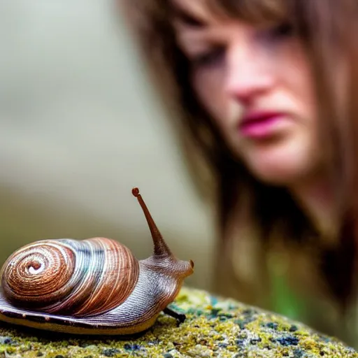 Prompt: professional dramatic photograph of a snail woman hybrid