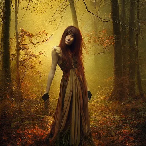 Image similar to portrait of a dryad in a forest of autumn maples by brian froud and jessica rossier dark mysterious, filtered evening light