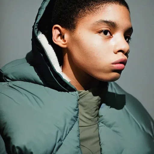 Image similar to realistic! photoshoot for a new balenciaga lookbook, color film photography, portrait of a beautiful woman wearing a puffer jacket, photo in style of tyler mitchell, 35mm