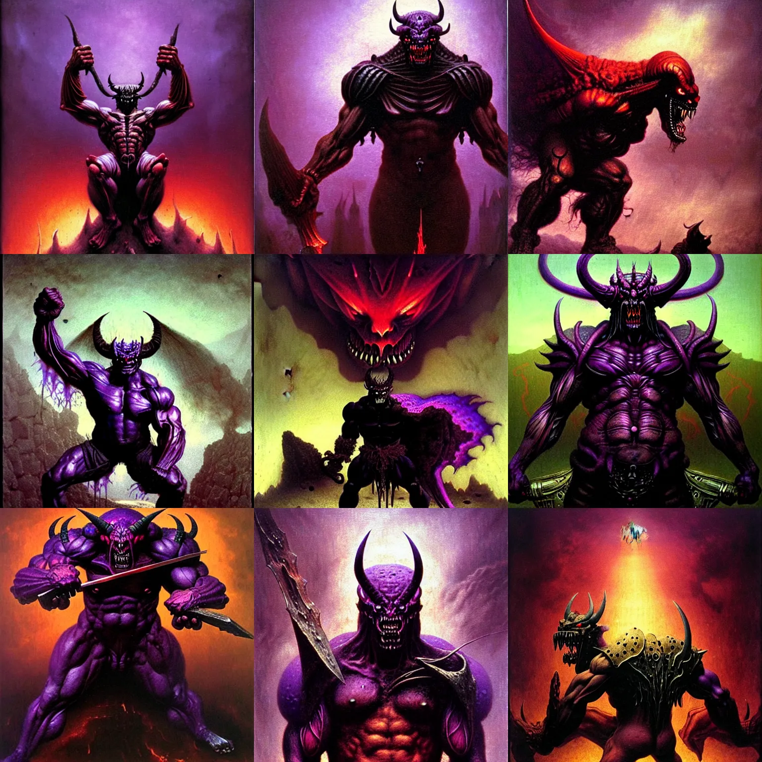 Prompt: demon with purple chestplate and black armor, muscles, balrog, beksinski