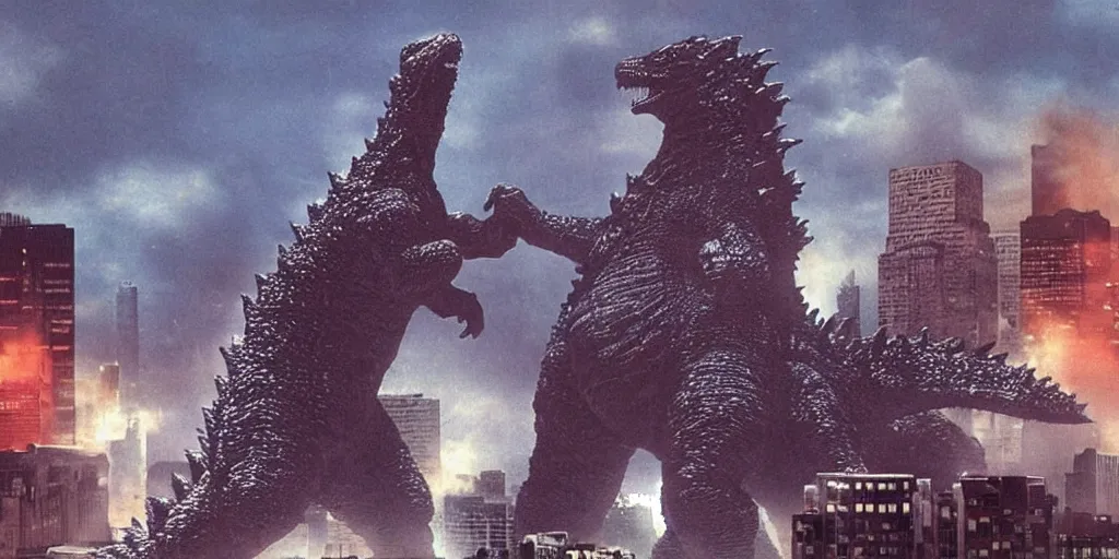 Image similar to godzilla rampaging in a city in the style of claymation, funny and weird