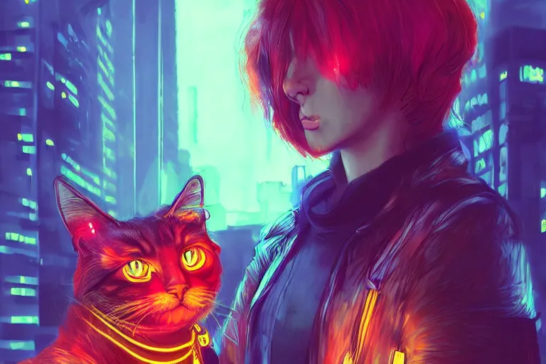 Image similar to cyberpunk ginger cat in the city, neon backlighting, digital art, trending on artstation, fanart, by kawacy