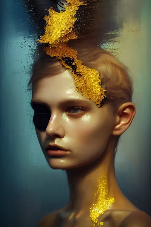 Prompt: 3 d, close - up, sleepy fashion model girl, rat ears, liquid gold and black water, sleepy fashion model, morning, sun rays, vogue cover style, poster art, hyper detail, intricate oil painting, multiple exposure, morning mood, 3 d, by tooth wu and wlop and beeple and greg rutkowski