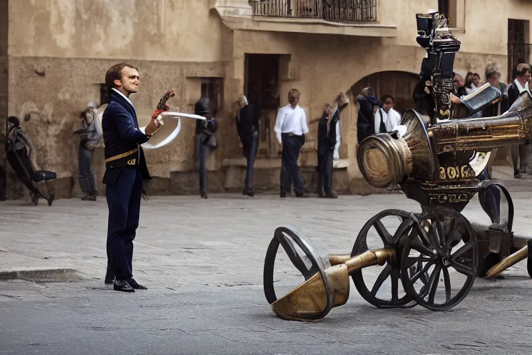 Prompt: portrait of emmanuel macron dressed as napoleon dragging a cannon in the street, natural light, sharp, detailed face, magazine, press, photo, steve mccurry, david lazar, canon, nikon, focus