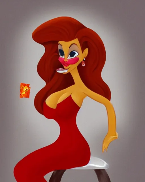 Prompt: Jessica Rabbit eating a bag of Doritos, sitting on a chair, oil painting, traditional animation portrait