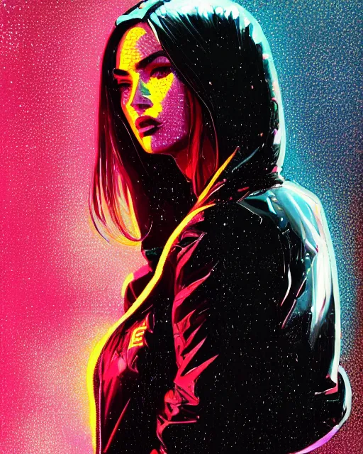 Image similar to detailed portrait Megan Fox Neon Operator Girl, cyberpunk futuristic neon, reflective puffy coat, decorated with traditional Japanese ornaments by Ismail inceoglu dragan bibin hans thoma greg rutkowski Alexandros Pyromallis Nekro Rene Maritte Illustrated, Perfect face, fine details, realistic shaded, fine-face, pretty face