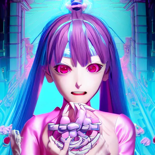 Image similar to trapped by stunningly beautiful omnipotent megalomaniacal anime asi goddess with symmetrical perfect face and porcelain skin, pink twintail hair and cyan eyes, taking control while smiling, inside her surreal vr castle, hyperdetailed, digital art from danganronpa, unreal engine 5, 2 d anime style, 8 k
