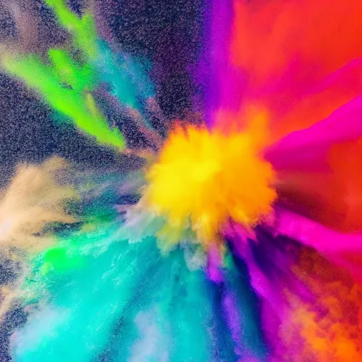 Image similar to A centered explosion of colorful powder on a black background