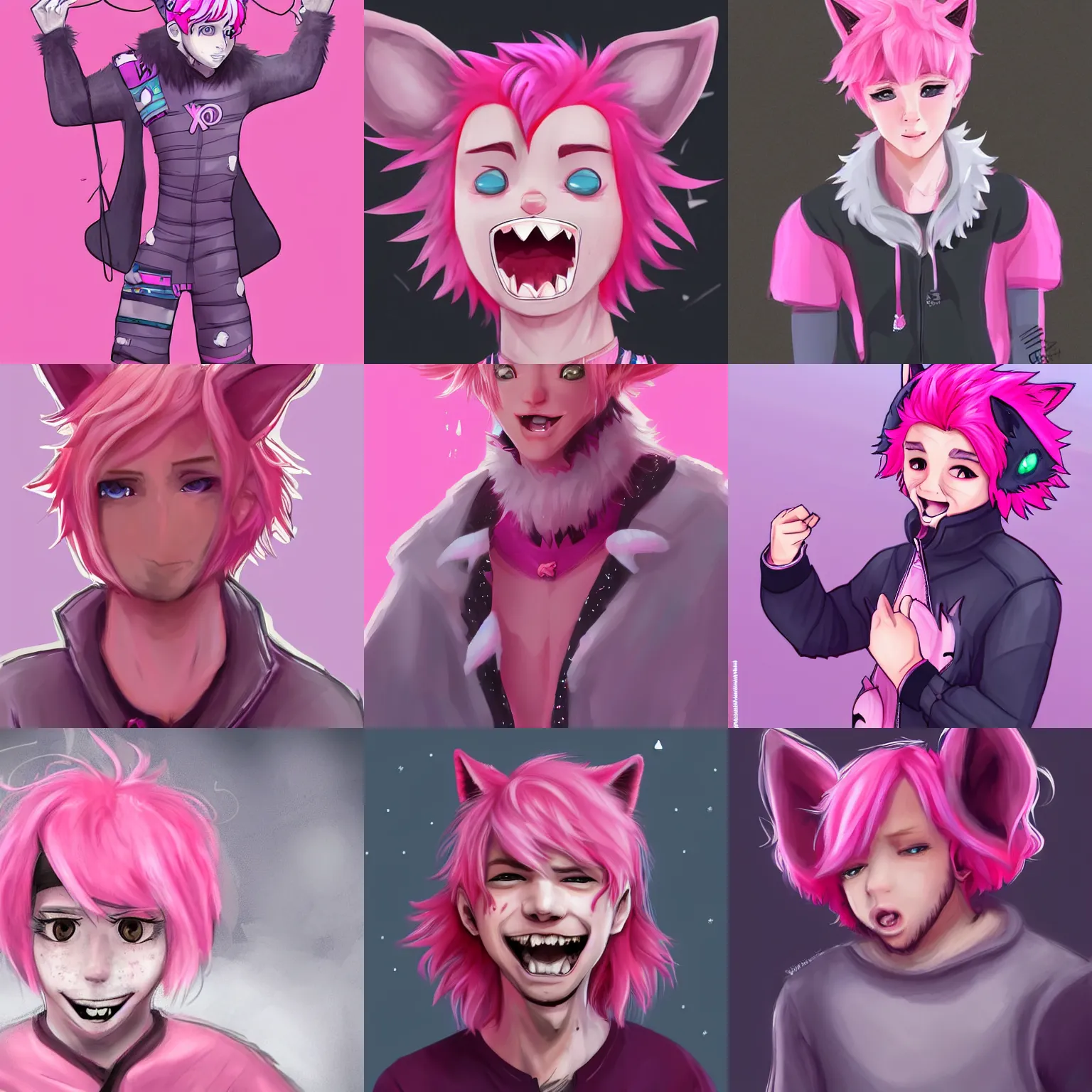 Prompt: cute fantasy boy with pink hair and pink wolf ears, happy, fangs, piercings, wearing collar and onesie, artstation, digital art
