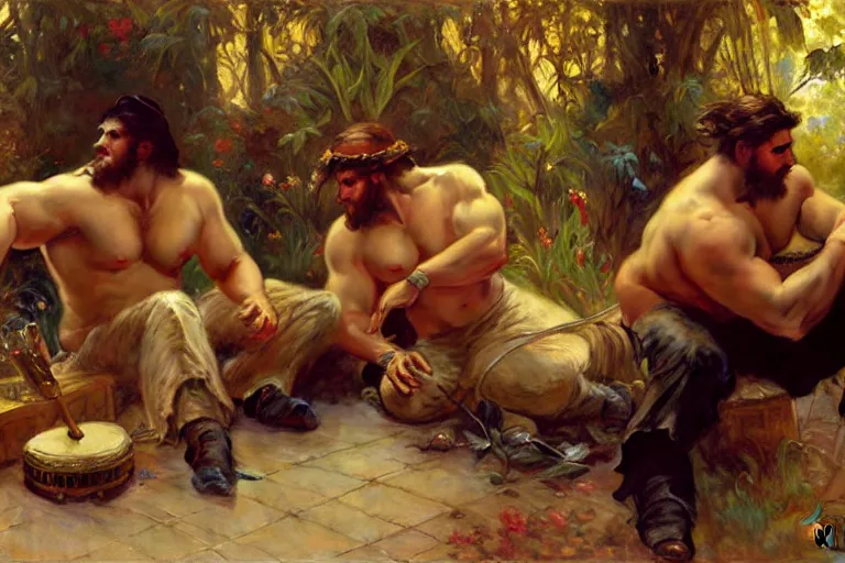 Image similar to 2 beefy attractive men playing music, painting by gaston bussiere, craig mullins, greg rutkowski, alphonse mucha