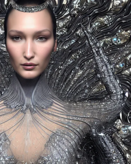 Image similar to a highly detailed metahuman 4 k close up render of a bella hadid in a black latex outfit monument renaissance in iris van herpen dress schiaparelli in diamonds crystals swarovski and jewelry iridescent in style of alphonse mucha gustav klimt trending on artstation made in unreal engine 4