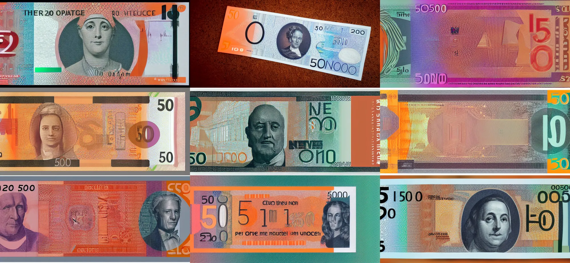 Prompt: 5 0 euro note from the year 2 0 5 0, architectural motives, tan and orange tones