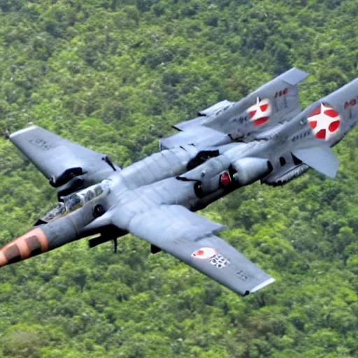 Image similar to a-10 warthog, bombs, explosions, dense jungle, Ariel shot