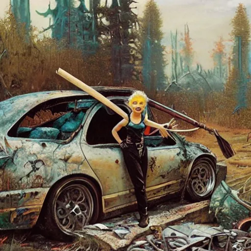 Prompt: an elf with spiky blonde hair wearing dark brown overalls and holding dynamite standing next to a destroyed car, painting by Gerald Brom