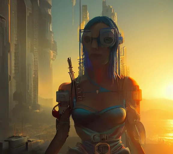 Image similar to cyberpunk fantasy world with beautiful sunse, amazing digital art, trending on artstation