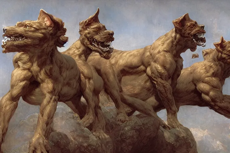 Image similar to hyperdetailed matte art of cerberus by william blake, ilya repin, amano, rene magritte, craig mullins