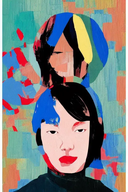 Prompt: A abstract portrait painting in the style of Tatsuro Kiuchi, beautiful woman, flat colour-block style, soft organic abstraction